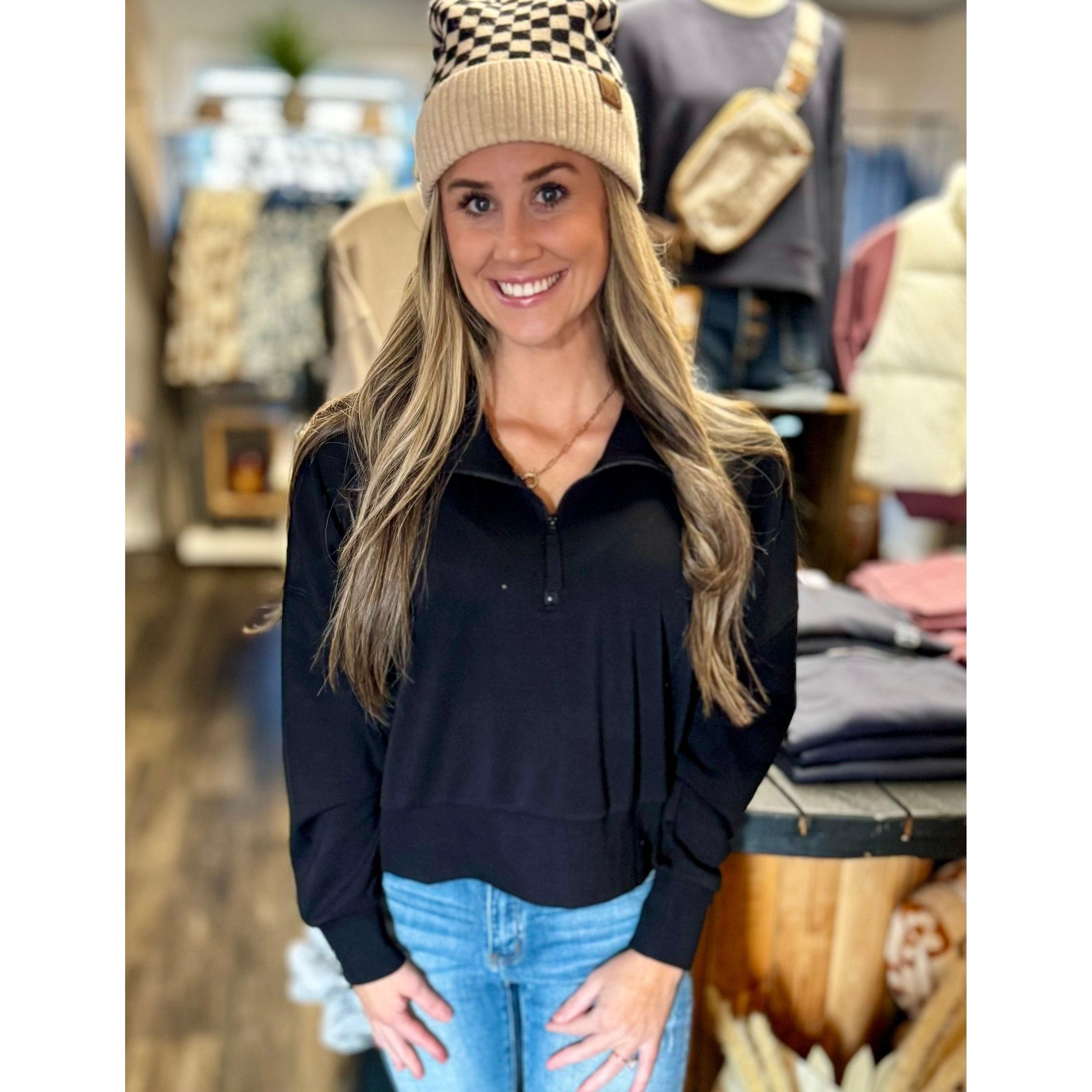 Cropped Quarter Zip Pullover by Simply Southern ~Black