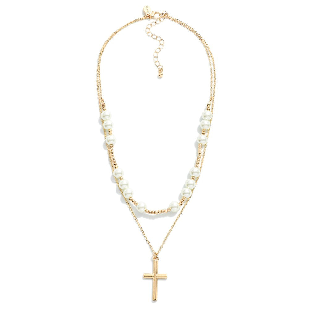 Necklace Layered Cross Pearl Gold Tone