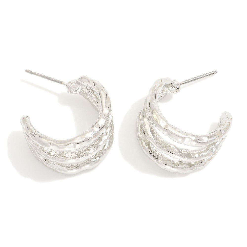 Earrings Hammered Hoop Silver Tone