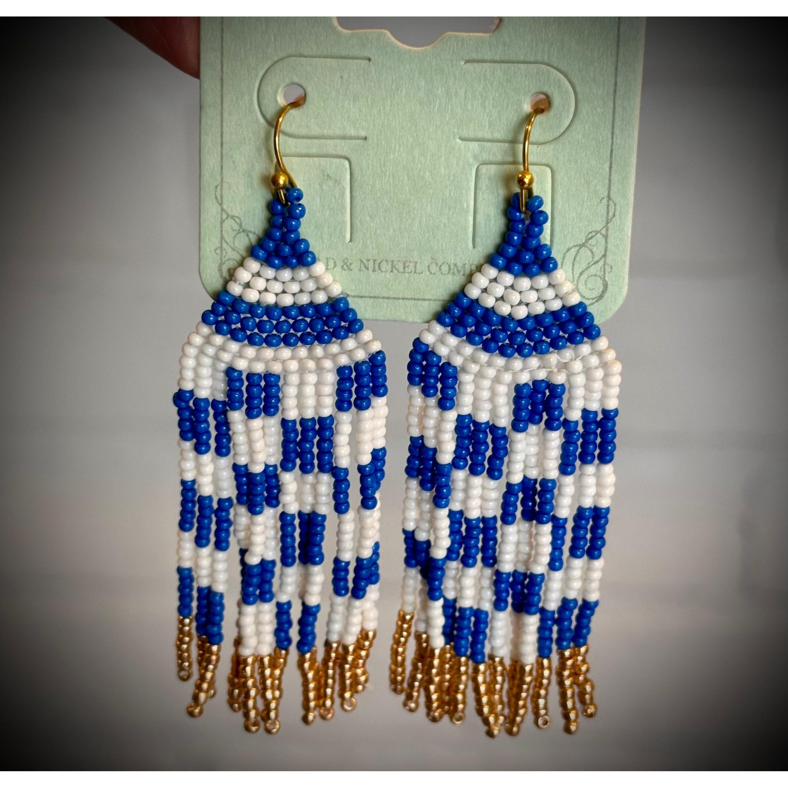 UK Blue and White bead tassel earrings