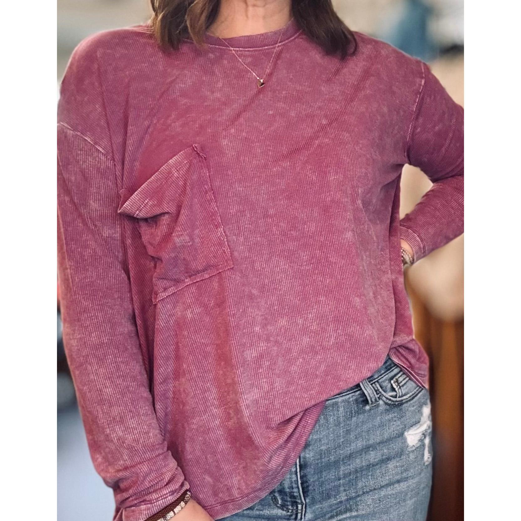 Dolman Sleeve Ribbed Pocket Top~Light Plum
