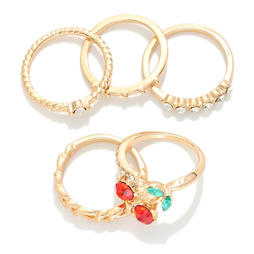 Stackable Ring Set Rhinestone Cherry
