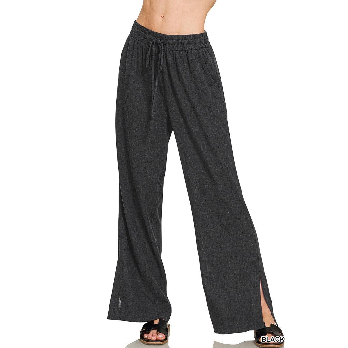 Zenana Drawstring Linen Pants Wide Leg~Black