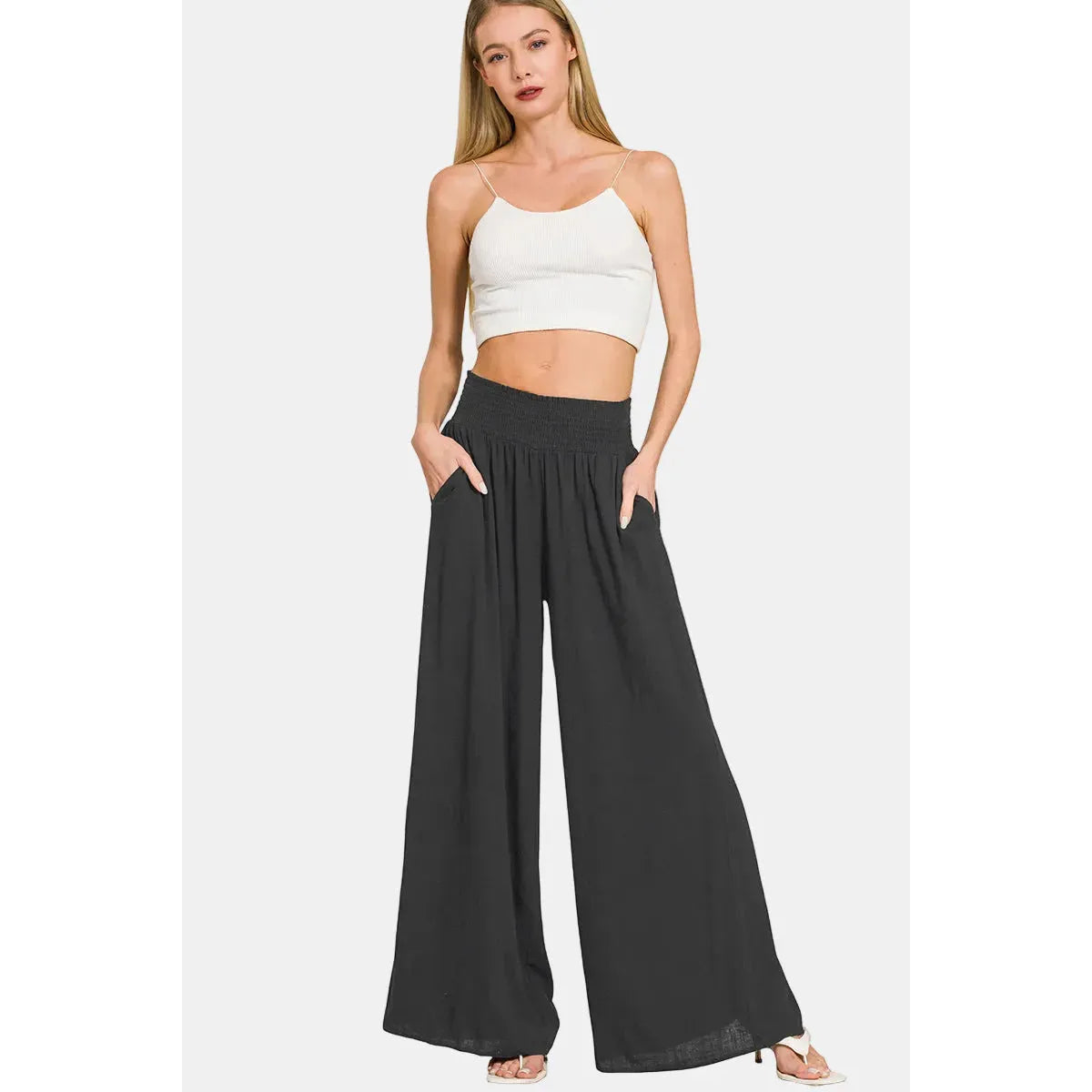 Zenana Smocked Waistband Wide Leg Pants~Black