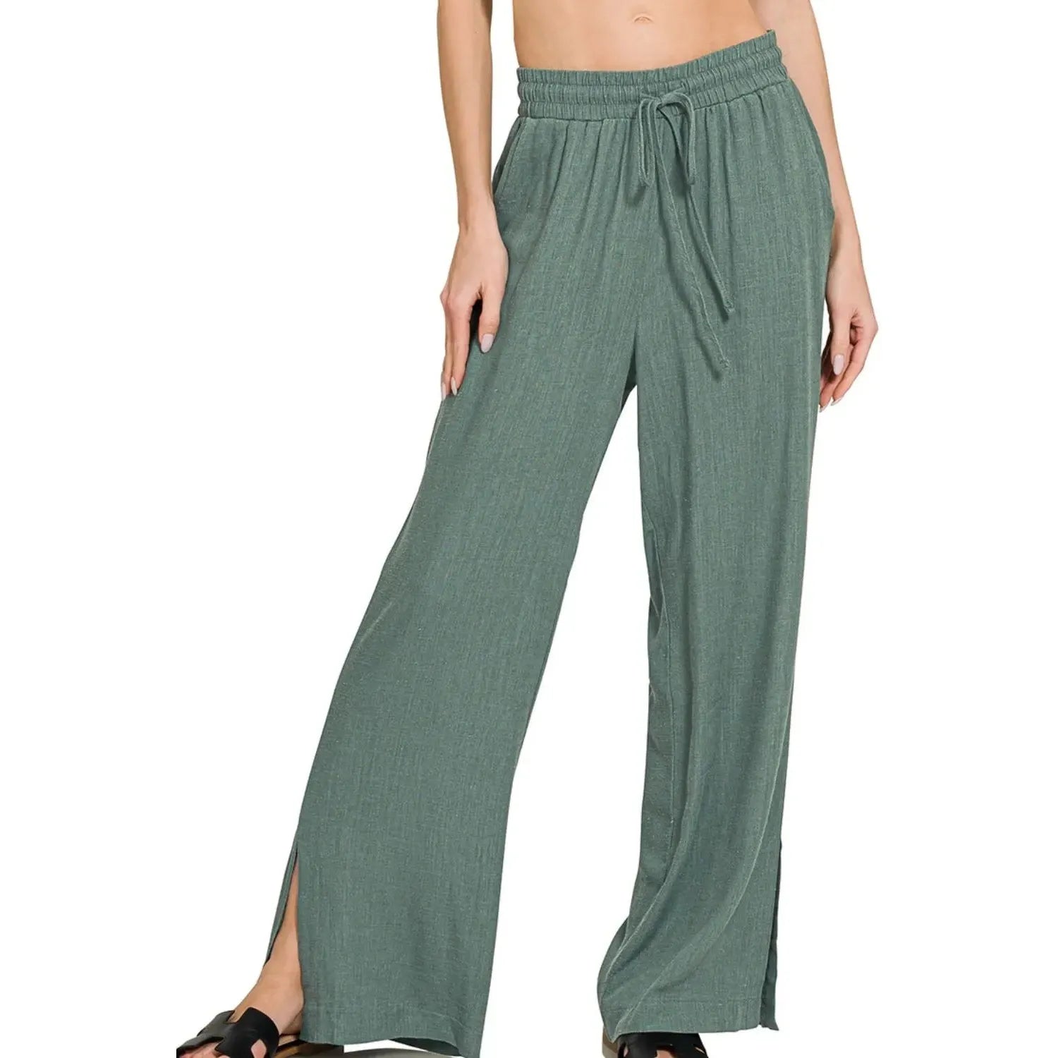 Zenana Drawstring Linen Pants Wide Leg~Jade