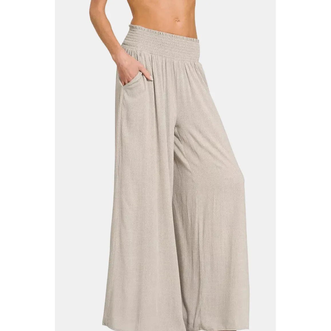 Zenana Smocked Waistband Wide Leg Pants~Beige